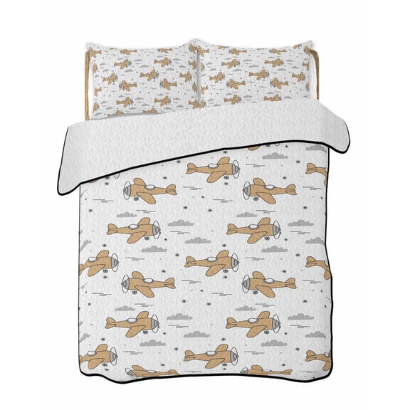 Art Aircraft Quilts Bedding Set Queen Size Brown Cartoon Airplane Gray Clouds Watercolor Lightweight Quilted Bedspread 3 Piece Bed Quilt with 2 Pillow Shams All Season for Bedroom 78" x 90"