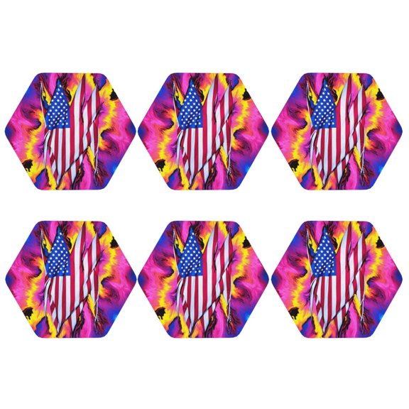 Art America Flag Leather Drink Coasters for Drinks (6 Pack) for Tabletop Protection Hexagon