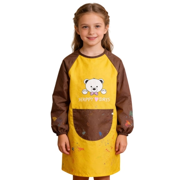 Art Apron for Boys & Girls Waterproof Painting Apron Cute Animal Graphic Long Sleeve Art Smock with Big Pockets (Yellow 5-7 Years)