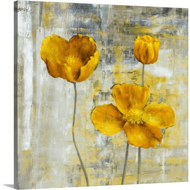 Great Big Canvas "Yellow Flowers II"  by Carol Black Brown Silver   Wrapped Canvas Print Wall Artwork