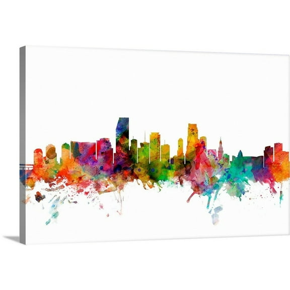 Great Big Canvas "Miami Florida Skyline"  by Michael Tompsett Red Black   Wrapped Canvas Print Wall Artwork