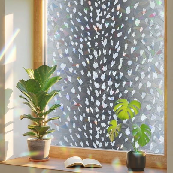 Art Ash Gray Window Privacy Film, Vintage White Polka Dots Gray Ombre Farmhouse Country Stained Glass Rainbow Film Decorative Window Clings, Static Cling Sun Blocking Stickers 17.7" x 39.3"