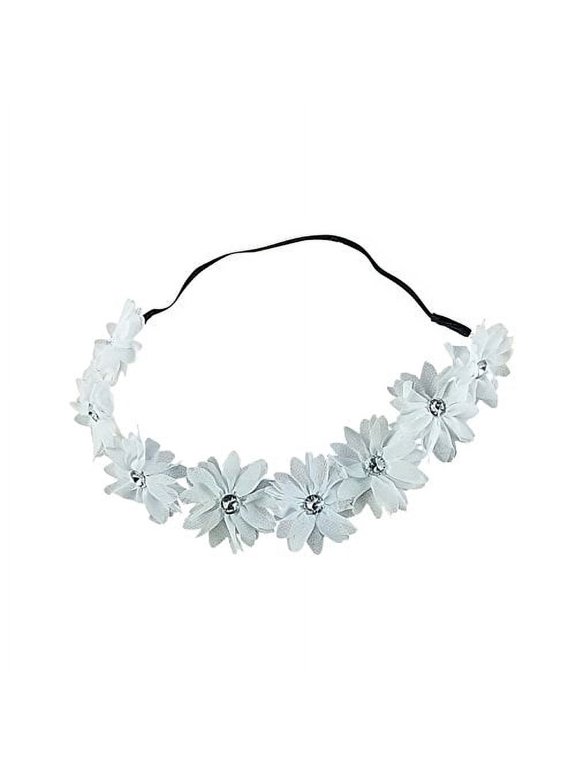 Braided Chiffon Crystal Stone Floral Flower Crown Stretch Festival Headband (White)