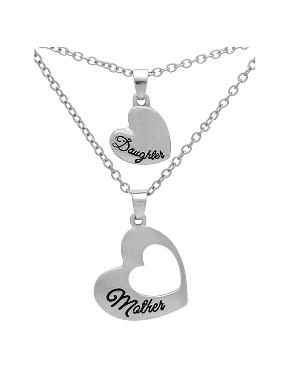 Mother Daughter Necklace, Heart Cutout BFF Best Friends Pendant, Birthday (Silver)
