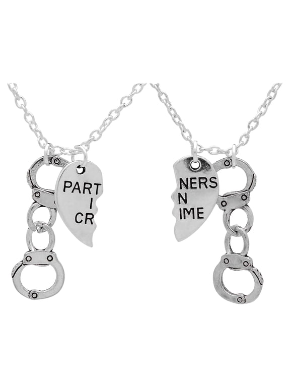 Partners in Crime Necklace, Handcuff Hand Cuff BFF Matching Best Friend Broken Heart Charms (Silver)