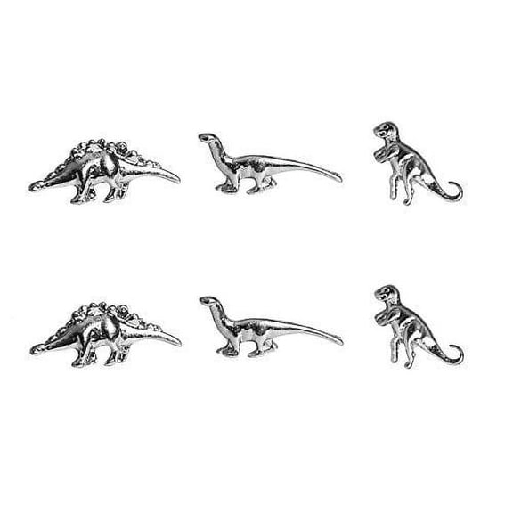 Art Attack Silvertone Delicate Mini Petit Dinosaur Jurassic T Rex Brontosaurus Dragon Stegosaurus Stud Post Multiple Earrings Set