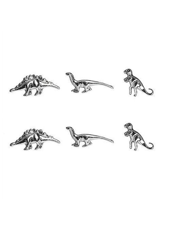 Silvertone Delicate Mini Petit Dinosaur Jurassic T Rex Brontosaurus Dragon Stegosaurus Stud Post Multiple Earrings Set