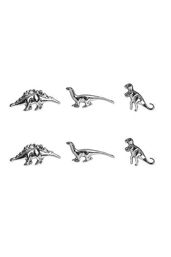 Silvertone Delicate Mini Petit Dinosaur Jurassic T Rex Brontosaurus Dragon Stegosaurus Stud Post Multiple Earrings Set
