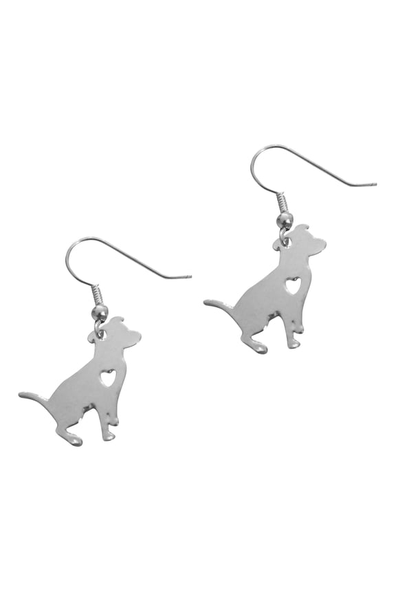 Silvertone I Love My Dog Lover Heart Outline American Pitbull Terrier Pet Puppy Rescue Pendant Earrings