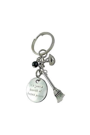 Silvertone It's Just A Bunch Of Hocus Pocus Witches Broomstick Hat Halloween Black Beaded Pendant Keychain