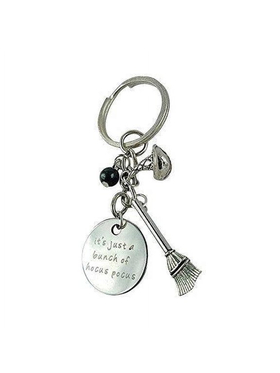 Silvertone It's Just A Bunch Of Hocus Pocus Witches Broomstick Hat Halloween Black Beaded Pendant Keychain