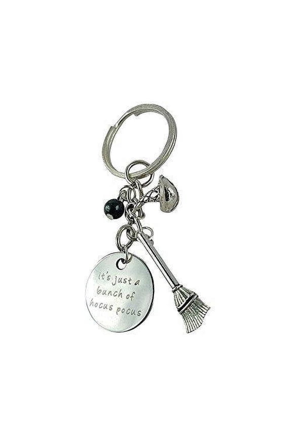 Silvertone It's Just A Bunch Of Hocus Pocus Witches Broomstick Hat Halloween Black Beaded Pendant Keychain