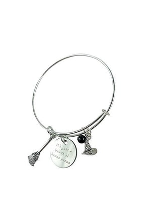 Silvertone It's Just A Bunch of Hocus Pocus Witches Broomstick Hat Halloween Black Beaded Pendant Expandable Bracelet