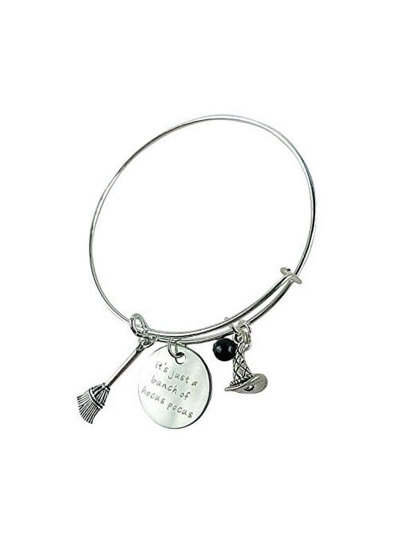 Silvertone It's Just A Bunch of Hocus Pocus Witches Broomstick Hat Halloween Black Beaded Pendant Expandable Bracelet