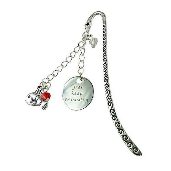Art Attack Silvertone Just Keep Swimming Fish Beaded Inspiration Shepherds Hook Charm Metal Bookmark