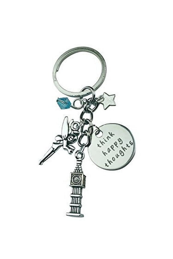 Silvertone Think Happy Thoughts Paris Eiffel Tower Big Ben Clock Fairy Dust Turquoise Bead Star Bag Charm Pendant Keychain