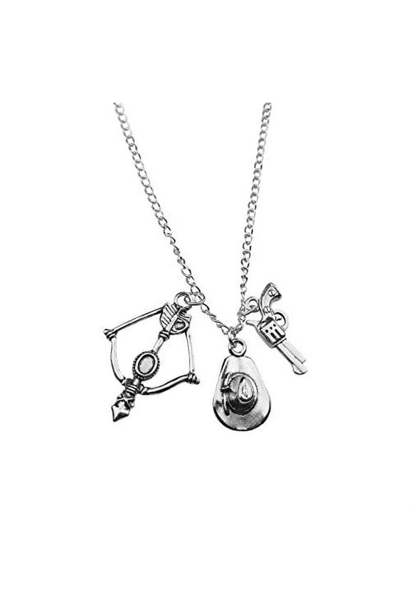 Zombie Walking Dead Hunter Killer Crossbow Arrow Cowboy Hat Gun Revolver Apocalypse Pendant Necklace Silvertone