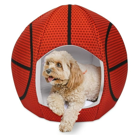 Art Basketball Dog Bed - Sports Pet Bed for Small Dogs & Cats - Plush Igloo Cave Bed - 16x18x16in - Washable Cozy Pet House