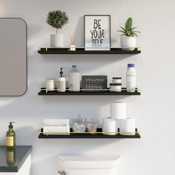 Art- Black and Gold Floating Shelves - Set of 3, 24-inch - Wall Decor for Bedroom, Bathroom, Kitchen
