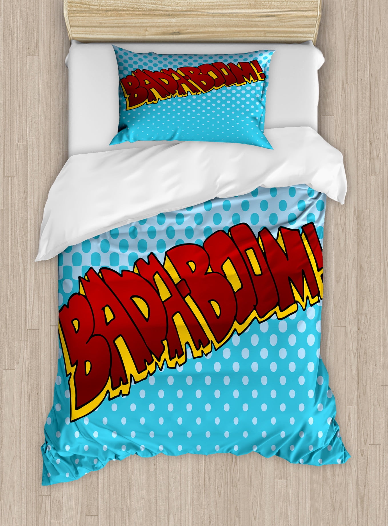 Art Blue Duvet Cover Set, Comic Book Style Sound Effect Related Bada ...