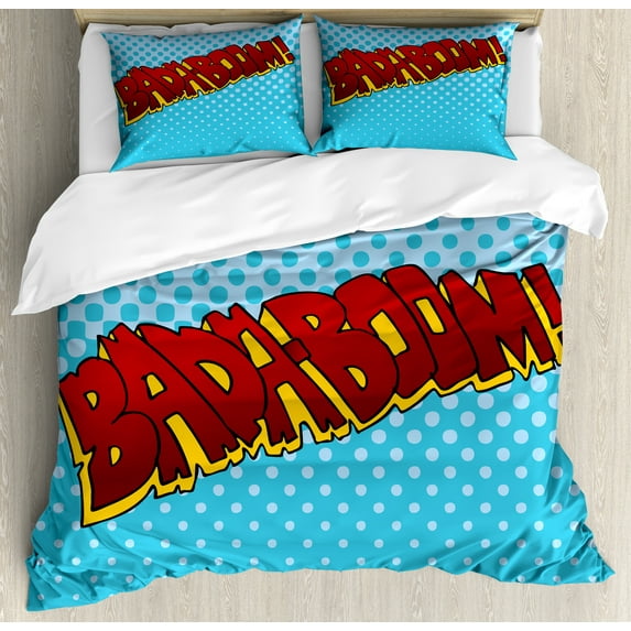 Art Blue Duvet Cover Set, Comic Book Style Sound Effect Related Bada-Boom Saying on Dotted Backdrop, Decorative 3 Piece Bedding Set with 2 Pillow Shams, King Size, Red Earth Yellow, by Ambesonne