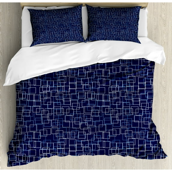 Art Blue Duvet Cover Set, Technology Computer Future Digital Themed Graphic Abstract Overlapping Square Forms, Decorative 3 Piece Bedding Set with 2 Pillow Shams, Queen Size, Indigo, by Ambesonne