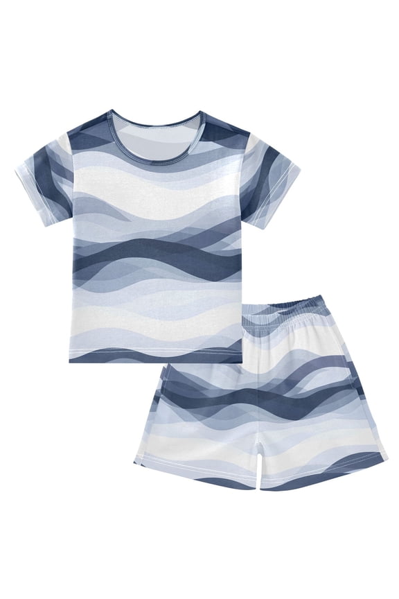 Art Blue Wave Summer Pajama Set Soft Cotton Short Sleeve Sleepwear 2PCS Pajama Sets Breathable Lounge Set Size 5Y
