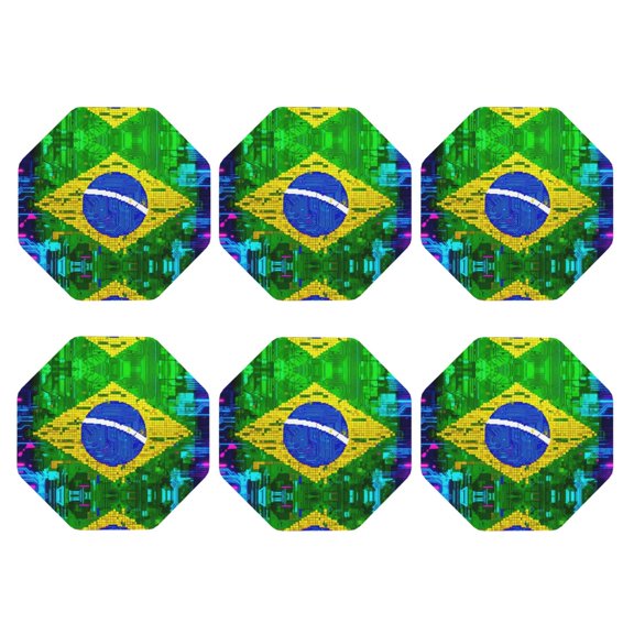 Art Brazilian Flag Leather Coasters for Drinks Perfect for Living Room, Kitchen, or Outdoor Use Set of 6 Octagon