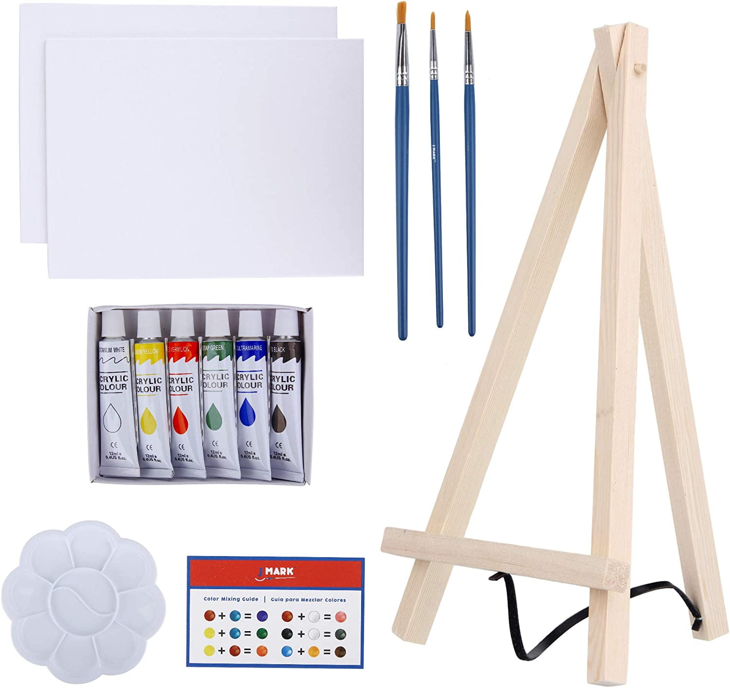 Art Canvas Paint Set Supplies 14-Piece Mini Canvas Acrylic Painting Kit  with Wood Easel, 6x8 inch Canvases, 6 Non Toxic Washable Paints, 3 Brushes