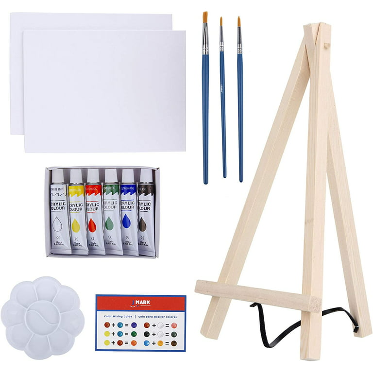 Art Canvas Paint Set Supplies 14-Piece Mini Canvas Acrylic Painting Kit  with Wood Easel, 6x8 inch Canvases, 6 Non Toxic Washable Paints, 3 Brushes,  Palette and Color Mixing Guide 