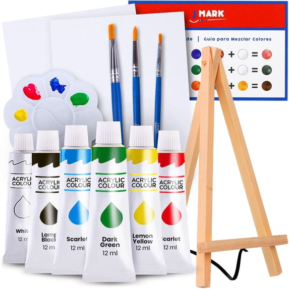 Art Canvas Paint Set Supplies – 14-Piece Mini Canvas Acrylic Painting Kit with Wood Easel, 6x8 inch Canvases, 6 Non Toxic Washable Paints, 3 Brushes, Palette and Color Mixing Guide