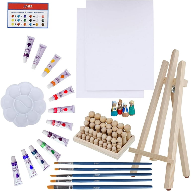 Kids Paint Set and Paint Easel -14-Piece Acrylic Painting Kit, 6 Non Toxic  Washable Paints, 1 Wood Easel, 2 Pre-Stenciled Canvases 8 x 10 inches, 3  Brushes, Palette, Color Mixing Chart 