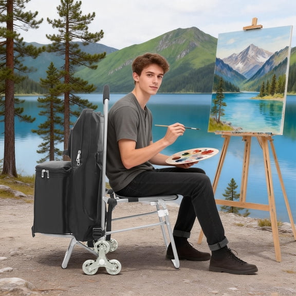 Art Cart, Folding Art Cart, Portable Rolling Chair with Drawing Storage Bag, Suitable for Grocery Shopping, Mall Shopping, Leisure Travel, Outdoor Painting (Black)