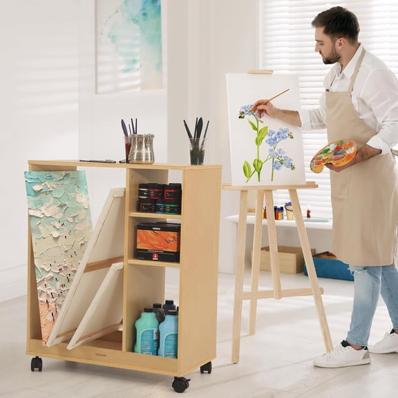 Art Cart Organizer, Solid Pine Wood Art Supply Storage Organizer with Caster Wheels, 3-Tier Multifunctional Rolling Utility Storage Cart for Studio, Classroom, Artists - Natural