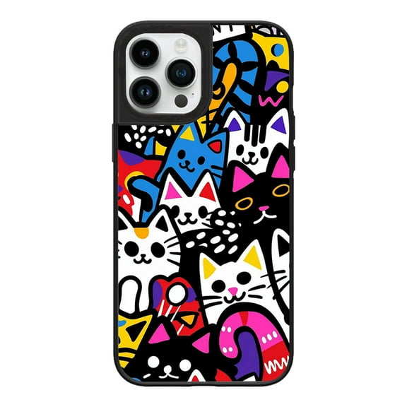 Art Cartoon Cat Phone Case for iPhone 15 Pro Max Case,Beautiful Impact Design Protection Phone Case-Black