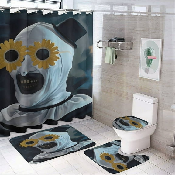 Art The Clown 4 Piece Bathroom Set Shower Curtain , Non-Slip Rugs , Toilet Lid Cover And Bath Mat with 12 Hooks for Bathroom Decor Possessing Multiple Functions Such As Anti-slip, Water Absorption,