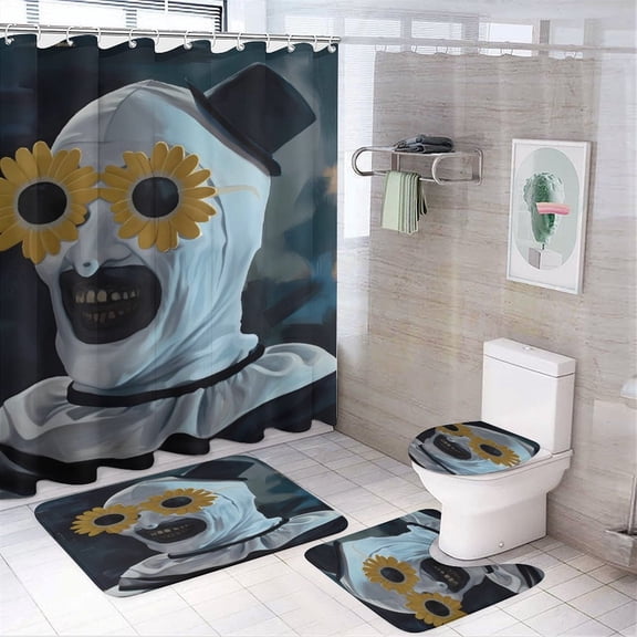 Horror Clown 4 Piece Bathroom Set Shower Curtain , Non-Slip Rugs , Toilet Lid Cover And Bath Mat with 12 Hooks for Bathroom Decor Possessing Multiple Functions Such As Anti-slip, Water Absorption,
