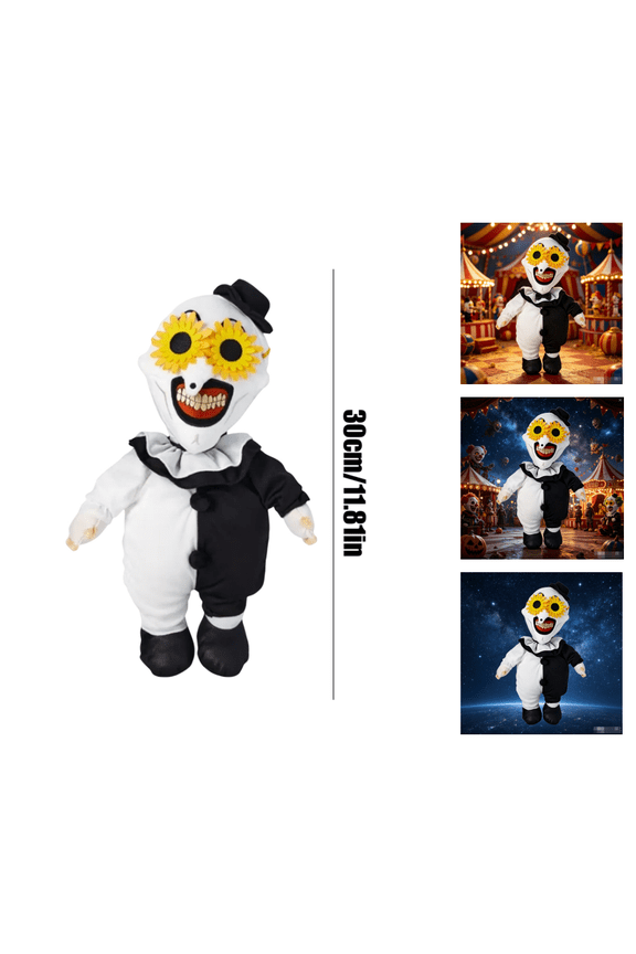 Art the Clown Plush Mini Backpack with Sunflower Glasses, Terrify Horror Movie Themed Stuffed Crossbody Bag, Black White Clown Novelty Daypack for Halloween Cosplay & Fan Collection