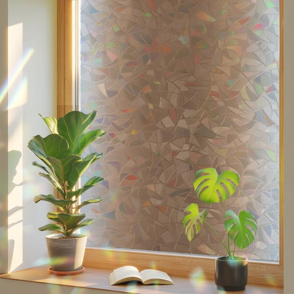 Art Coffee Brown Window Privacy Film, Vintage White Brown Ombre Farmhouse Rustic Country Stained Glass Rainbow Film Decorative Window Clings, Static Cling Sun Blocking Stickers 17.7" x 39.3"