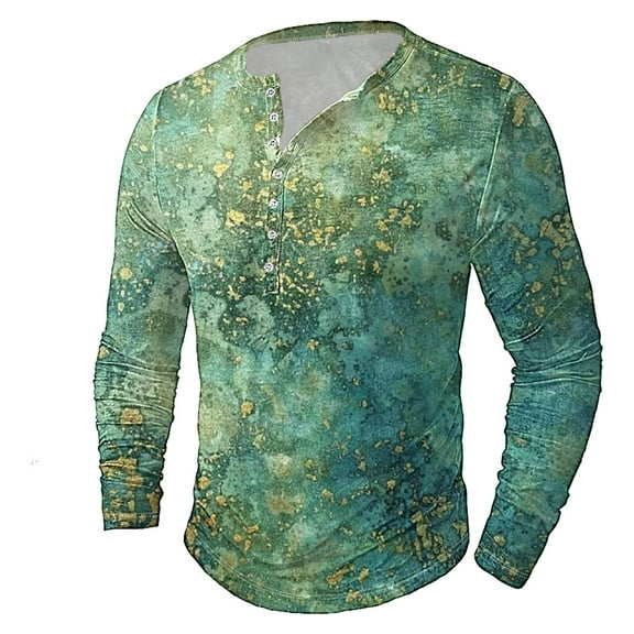 Raeneomay Long Sleeve Shirts for Men Printing Button Casual Long Sleeve Round-Neck Blouses Shirts