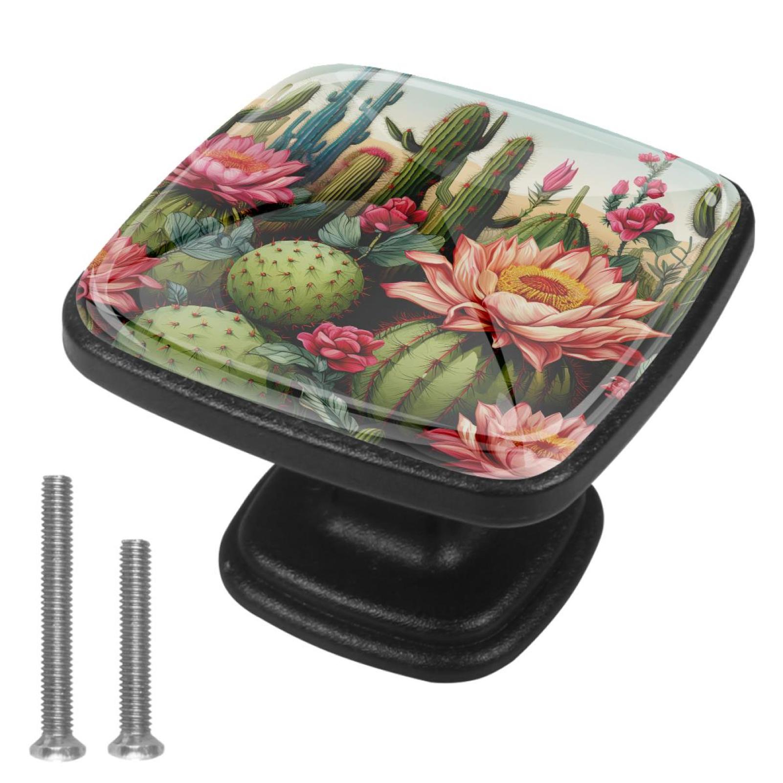 Art Colorful Plant Cactus 4 Pcs Square Crystal Glass Dresser