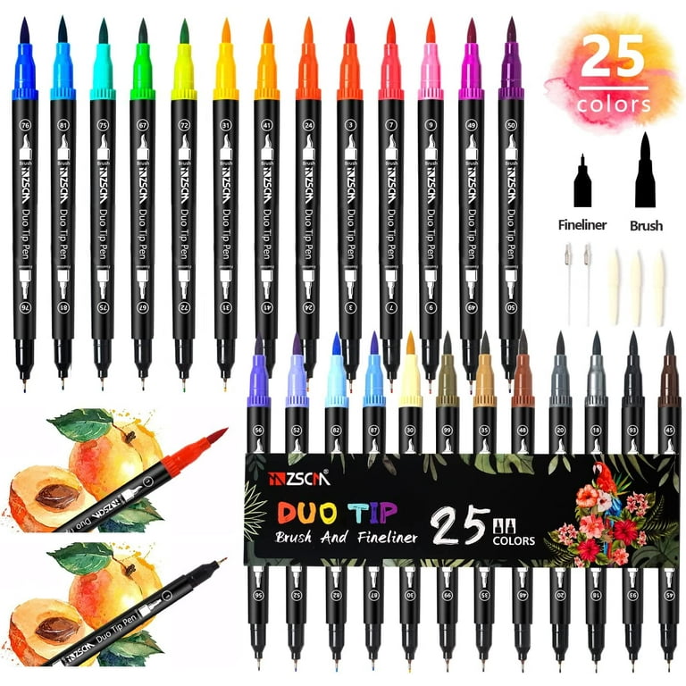 Art Coloring Brush Markers,ZSCM 25 Colors Duo Tip Calligraphy