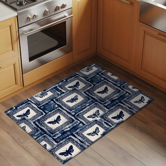 Art Country 2x3 Rug for Entryway Front Door Kitchen Sink Area, Vintage Retro Red Dark Blue Moth Insects Plaid Low Pile Washable Non Slip Rectangle Area Rug