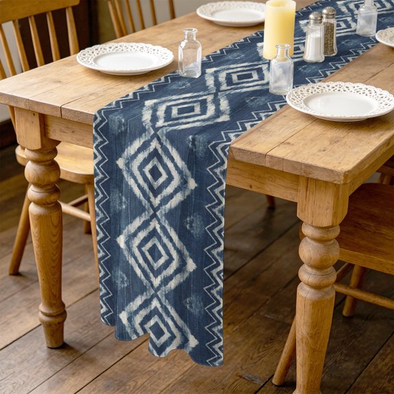 Art Country 4.5ft Cheesecloth Table Runner for Dining 19"x55", Retro Navy Blue Geometric Chevron Diamond Pattern Kitchen Dinner Sheer Tulle Chiffon Dresser Scarf, Holiday Party Decorations