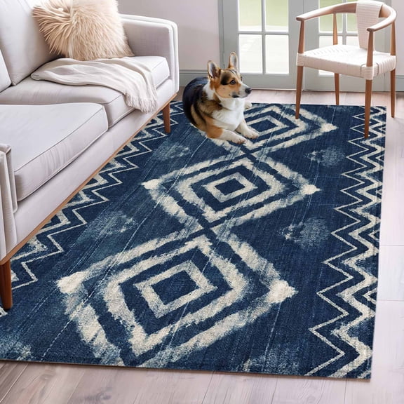 Art Country Area Rugs 4x6 ft Retro Navy Blue Geometric Chevron Diamond Pattern Washable Rug Non Slip Indoor Carpet Absorbent Floor Mat for Living Room Bedroom Dining Room