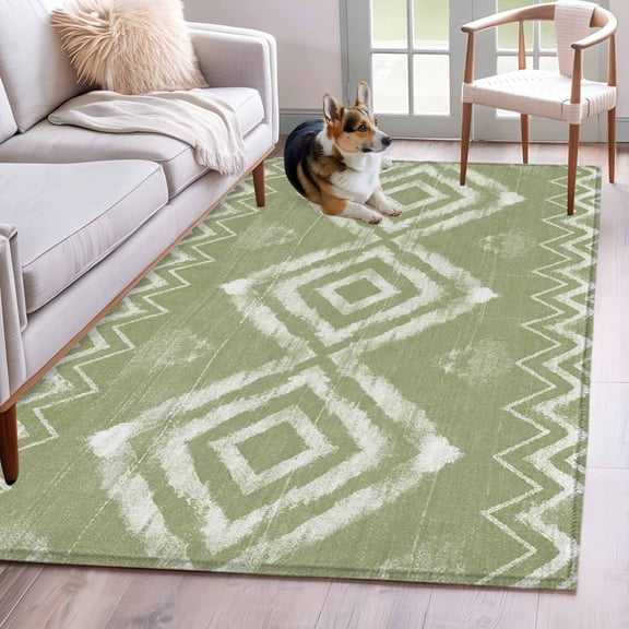 Art Country Area Rugs 4x6 ft Retro Sage Green Geometric Chevron Diamond Pattern Washable Rug Non Slip Indoor Carpet Absorbent Floor Mat for Living Room Bedroom Dining Room