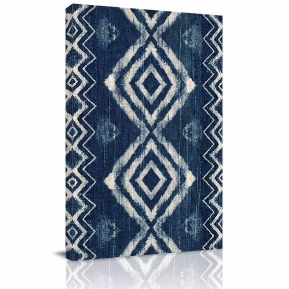 Art Country Canvas Wall Art for Living Room, Retro Navy Blue Geometric Chevron Diamond Pattern Wall Decor Framed Artwork Pictures Ready to Hang for Bedroom Office Home Decor