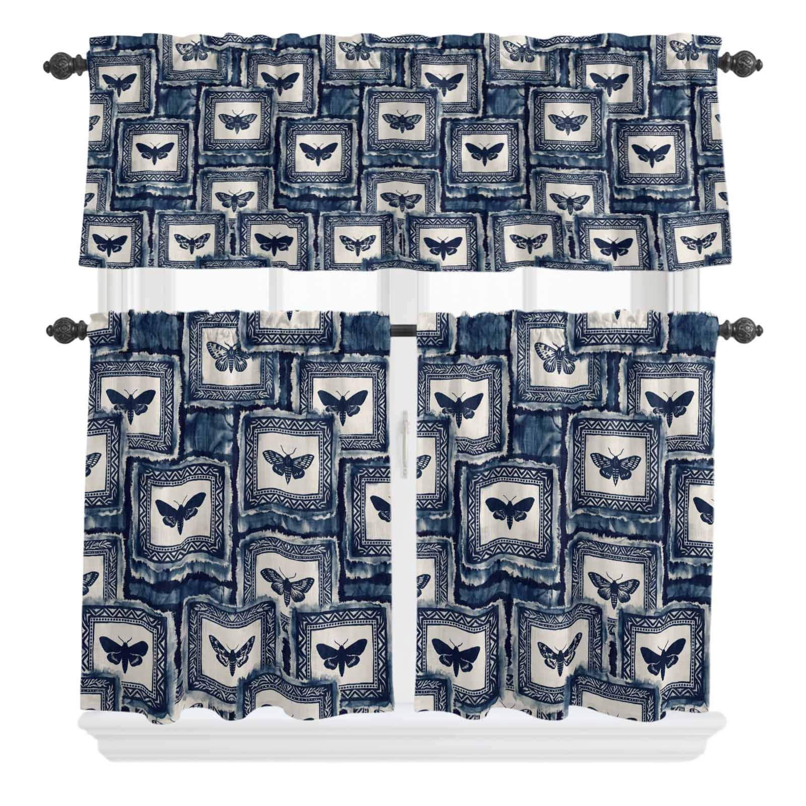 Art Country Curtain Valances Set Vintage Retro Red Dark Blue Moth ...