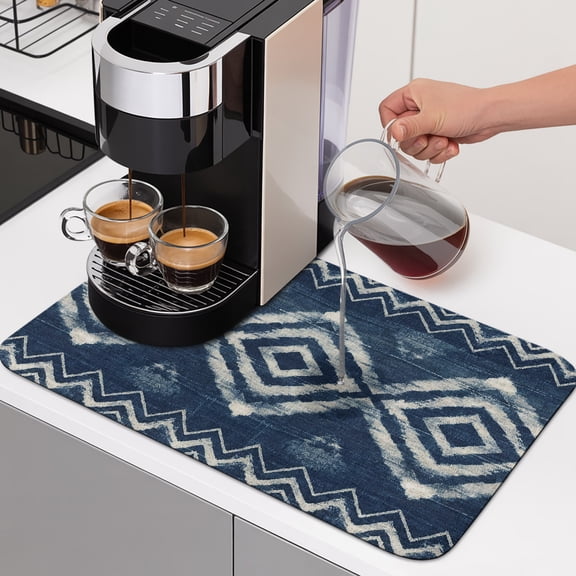 Art Country Dish Drying Mats for Kitchen Counter, Retro Navy Blue Geometric Chevron Diamond Pattern Absorbent Coffee Bar Mat with Non-slip Rubber Backed Quick Drying Dish Rack Pad 12"x16"