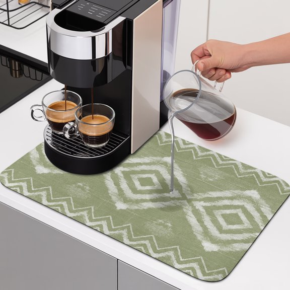Art Country Dish Drying Mats for Kitchen Counter, Retro Sage Green Geometric Chevron Diamond Pattern Absorbent Coffee Bar Mat with Non-slip Rubber Backed Quick Drying Dish Rack Pad 12"x16"